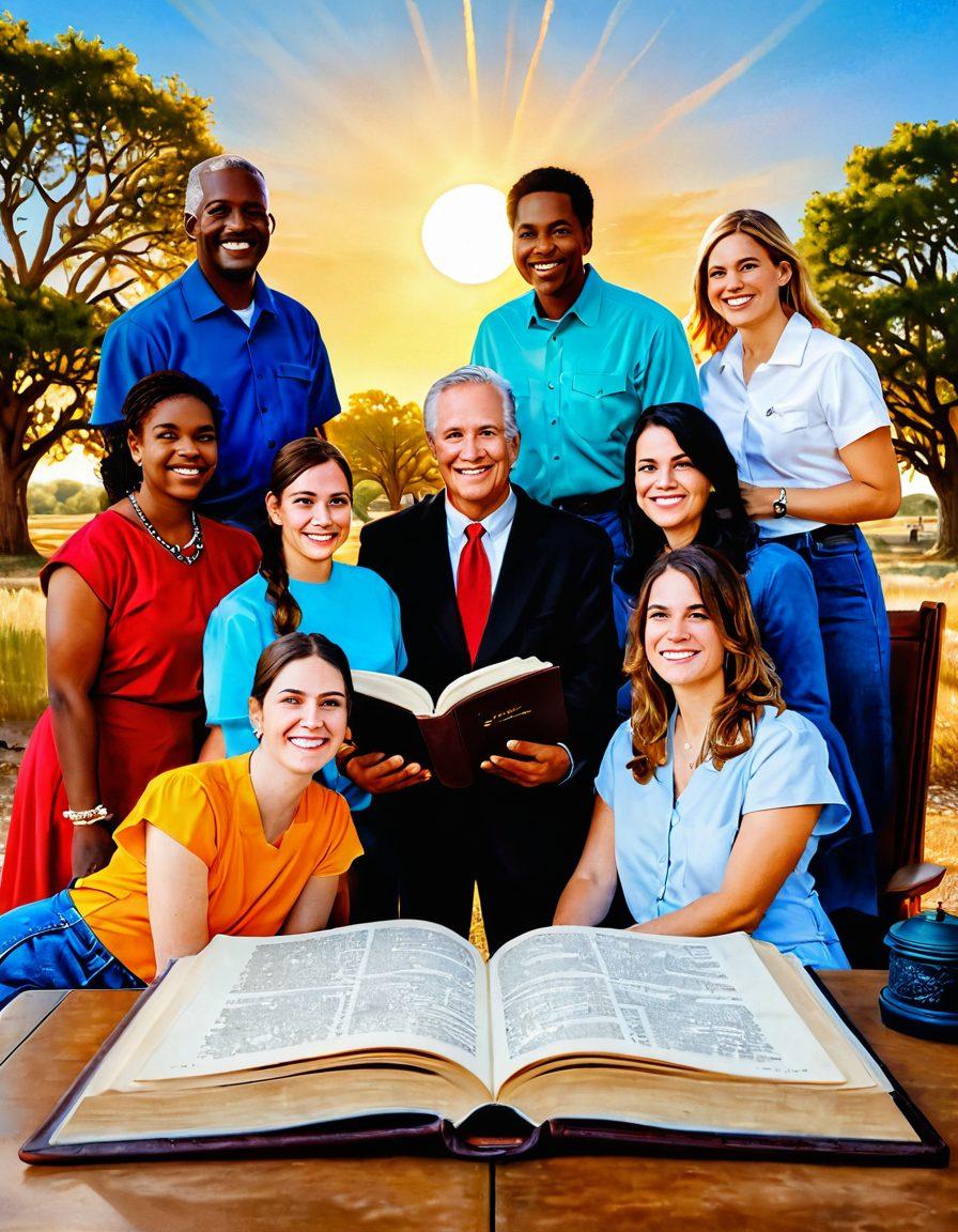 A friendly Texas landscape showcasing a smiling diverse group of people gathering around a large, open book labeled 'Justice'. Elements of legal symbols, like a gavel and scales, subtly integrated into the backdrop. Bright sunlight illuminating the scene to convey a sense of hope and joy. Lively colors and inviting atmosphere. super-realistic. vibrant colors. sunny background.
