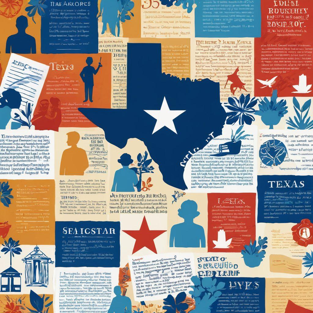 A bright and inviting collage showcasing diverse people happily engaging with legal documents and resources in a Texas setting. Incorporate symbols of justice, like a gavel and scales, alongside iconic Texas imagery such as bluebonnets and the Lone Star. Infuse the scene with a sense of empowerment and community support. vibrant colors. vector art.