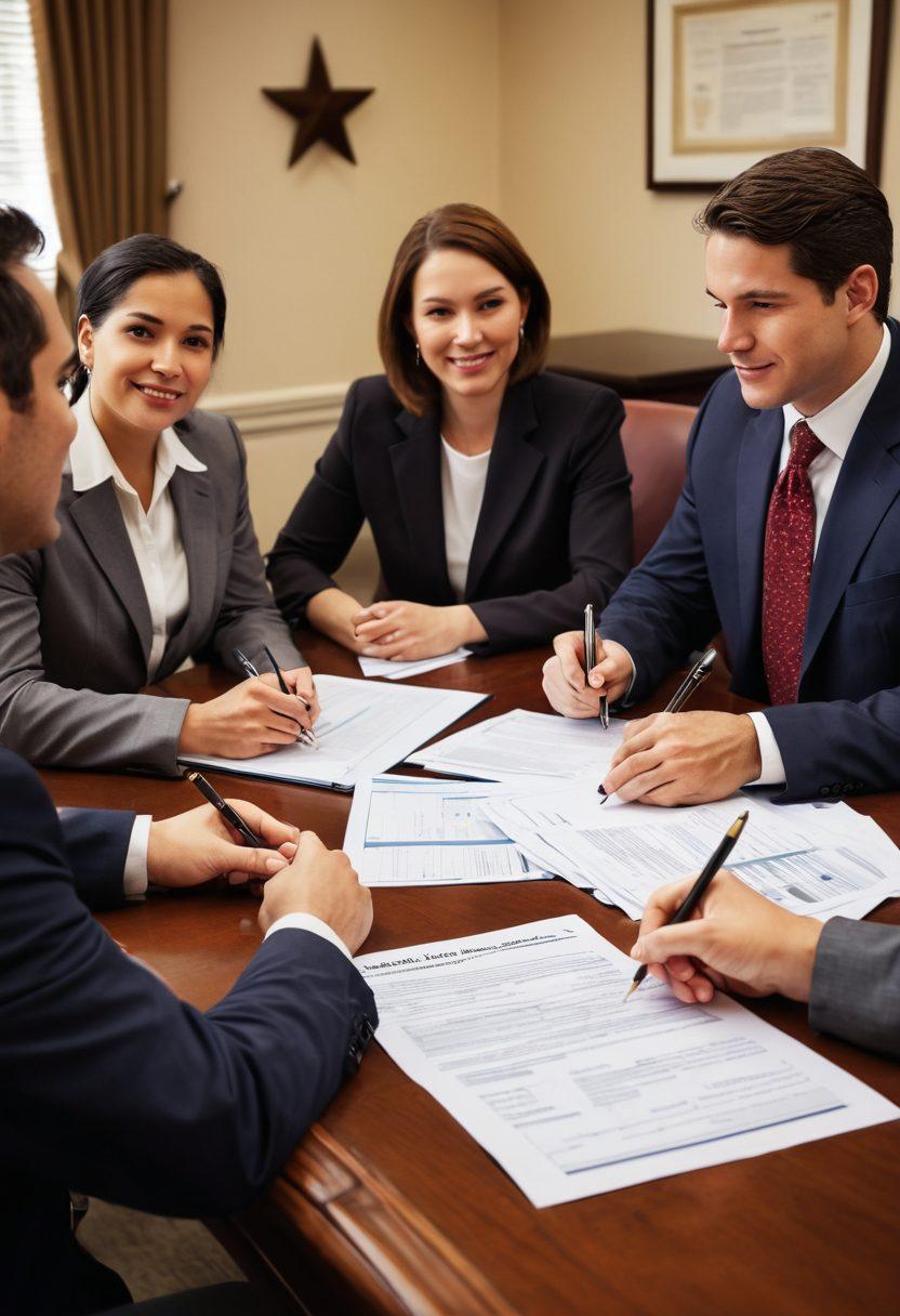 A diverse group of attorneys and clients in a Texas legal clinic, engaged in a collaborative discussion around a table filled with legal documents. The scene captures warm and inviting tones, highlighting the importance of community and support in public interest advocacy. Add elements like Texas state symbols and legal scales subtly in the background to enhance the theme. The atmosphere is bright and hopeful, emphasizing satisfaction in legal assistance. vibrant colors. super-realistic.